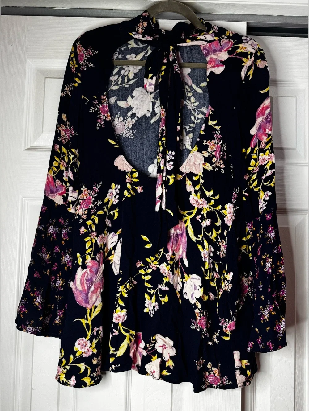 Free People Navy and Pink Floral Bell Sleeve Tunic Blouse - Size S